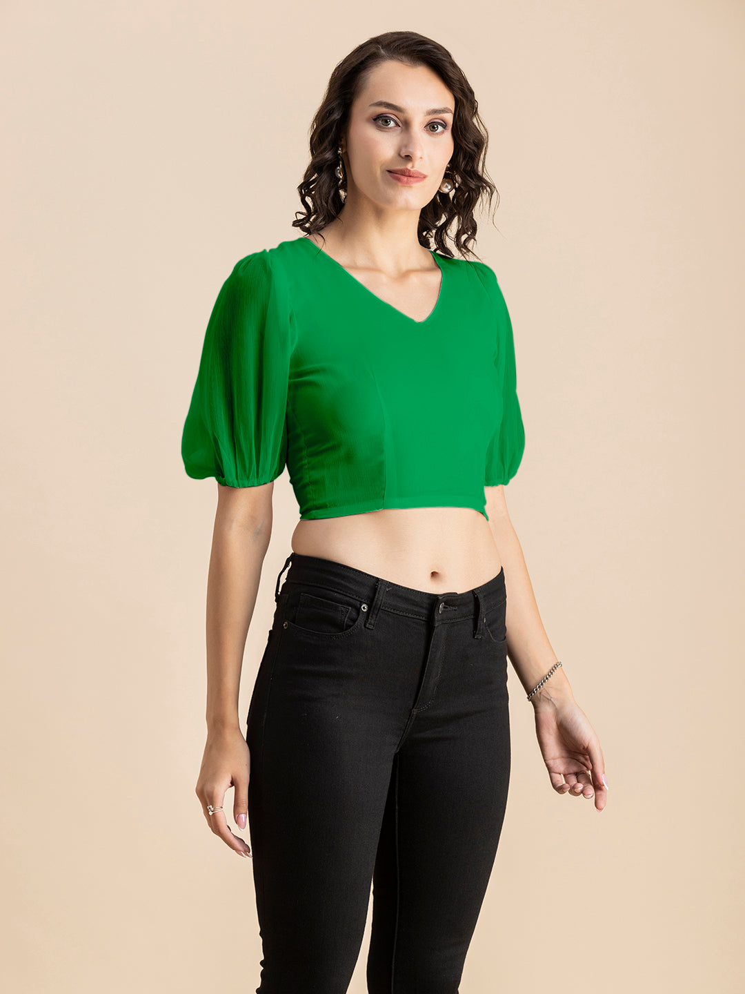 Solid V-Neck Puff Sleeve