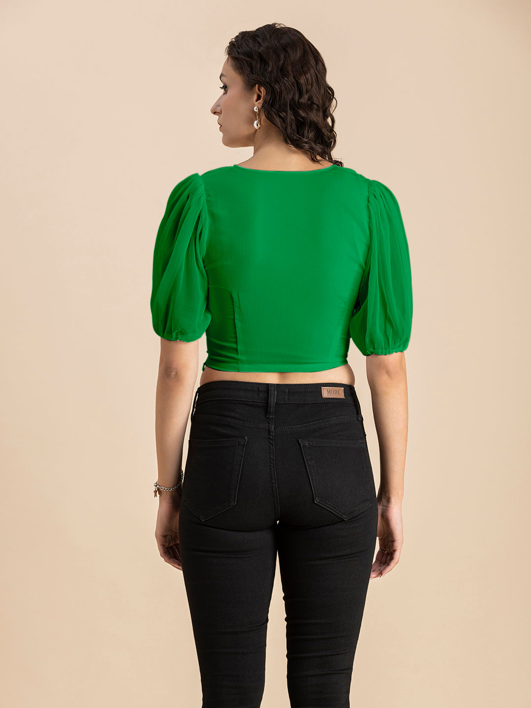 Solid V-Neck Puff Sleeve