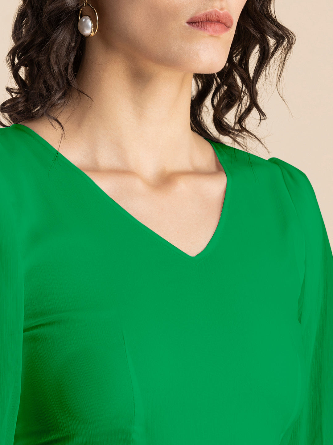 Solid V-Neck Puff Sleeve