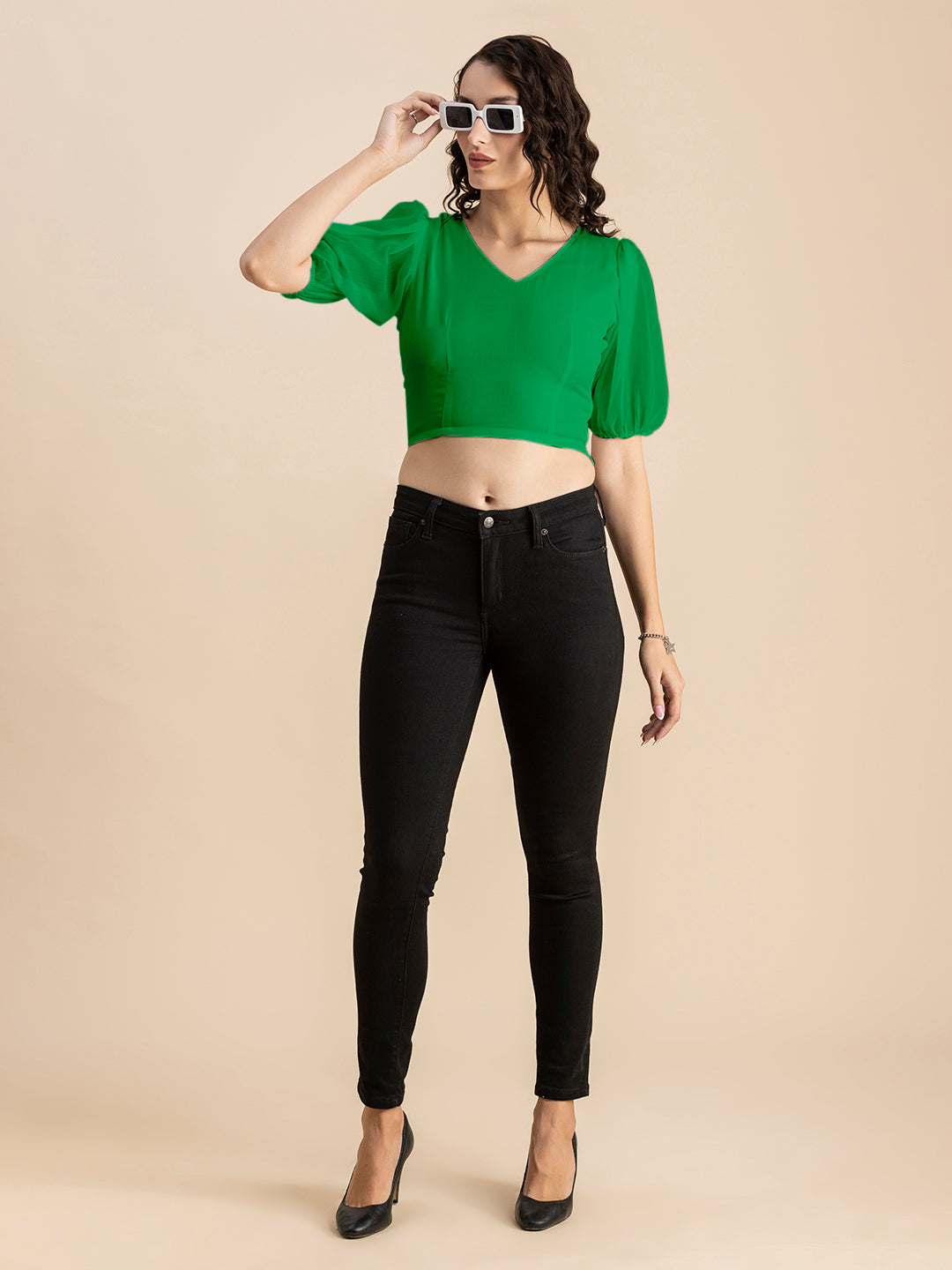 Solid V-Neck Puff Sleeve