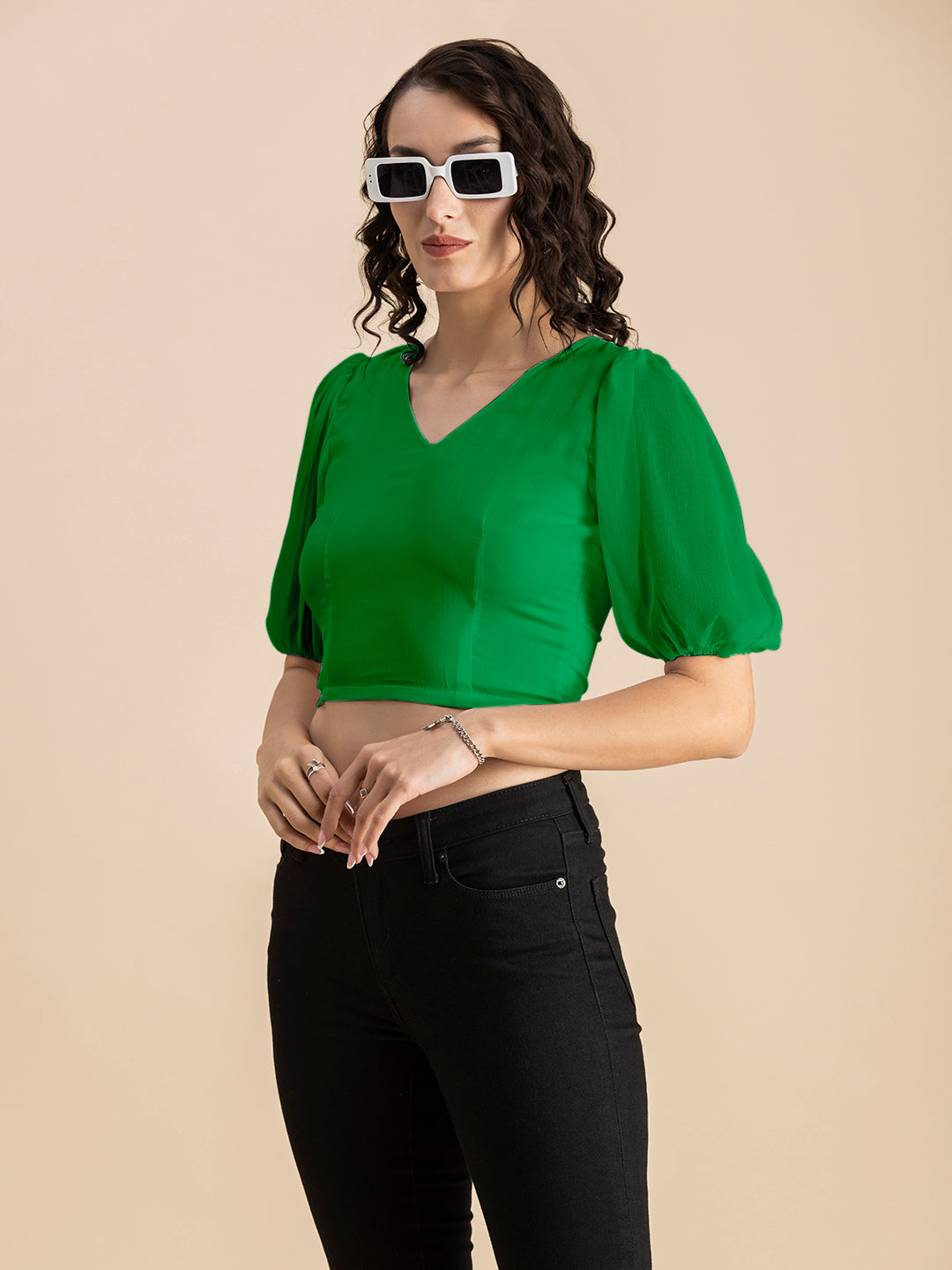 Solid V-Neck Puff Sleeve