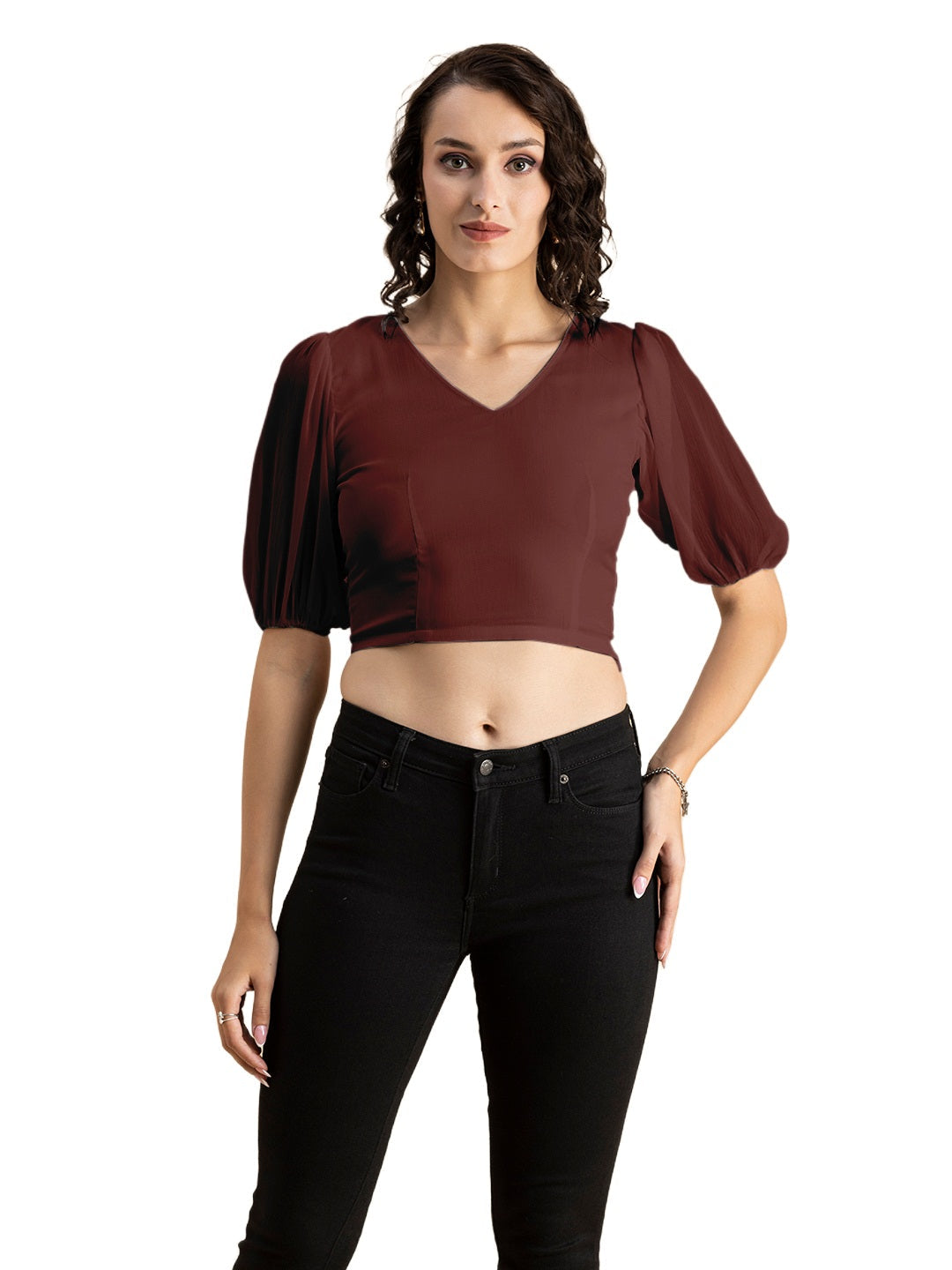 Solid V-Neck Puff Sleeve