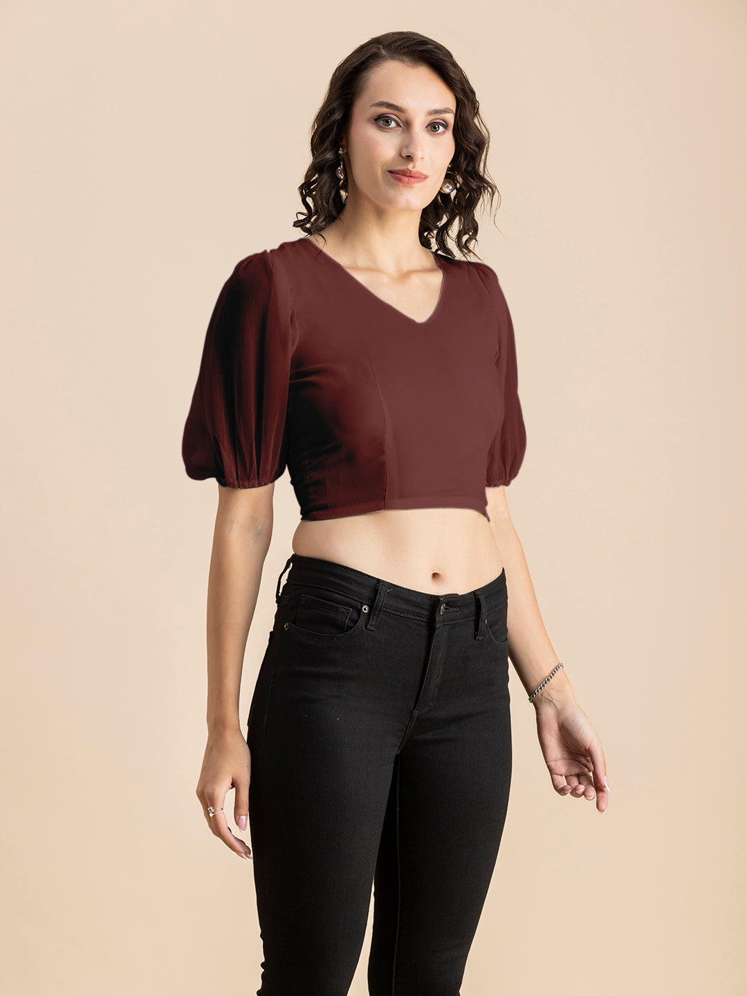 Solid V-Neck Puff Sleeve