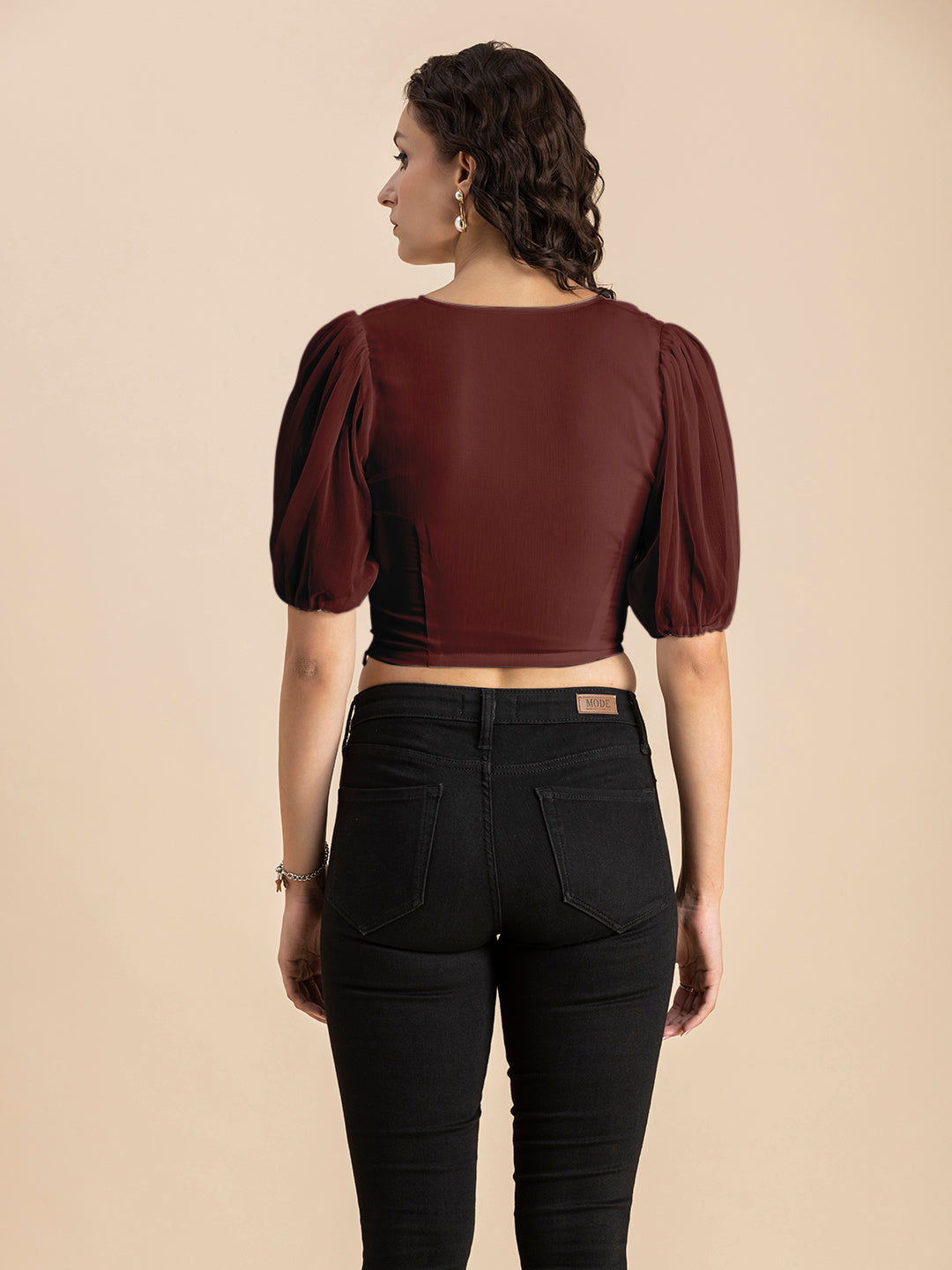 Solid V-Neck Puff Sleeve