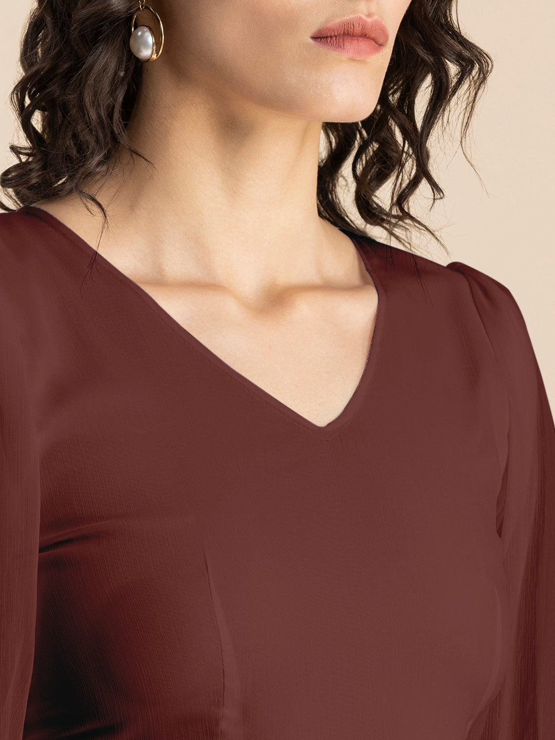 Solid V-Neck Puff Sleeve