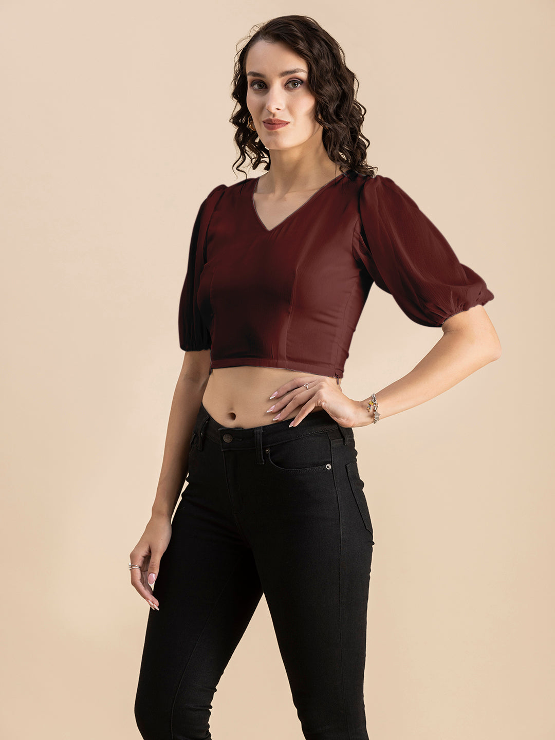 Solid V-Neck Puff Sleeve