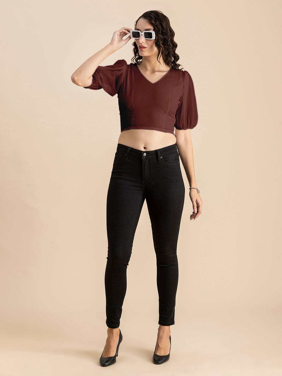 Solid V-Neck Puff Sleeve