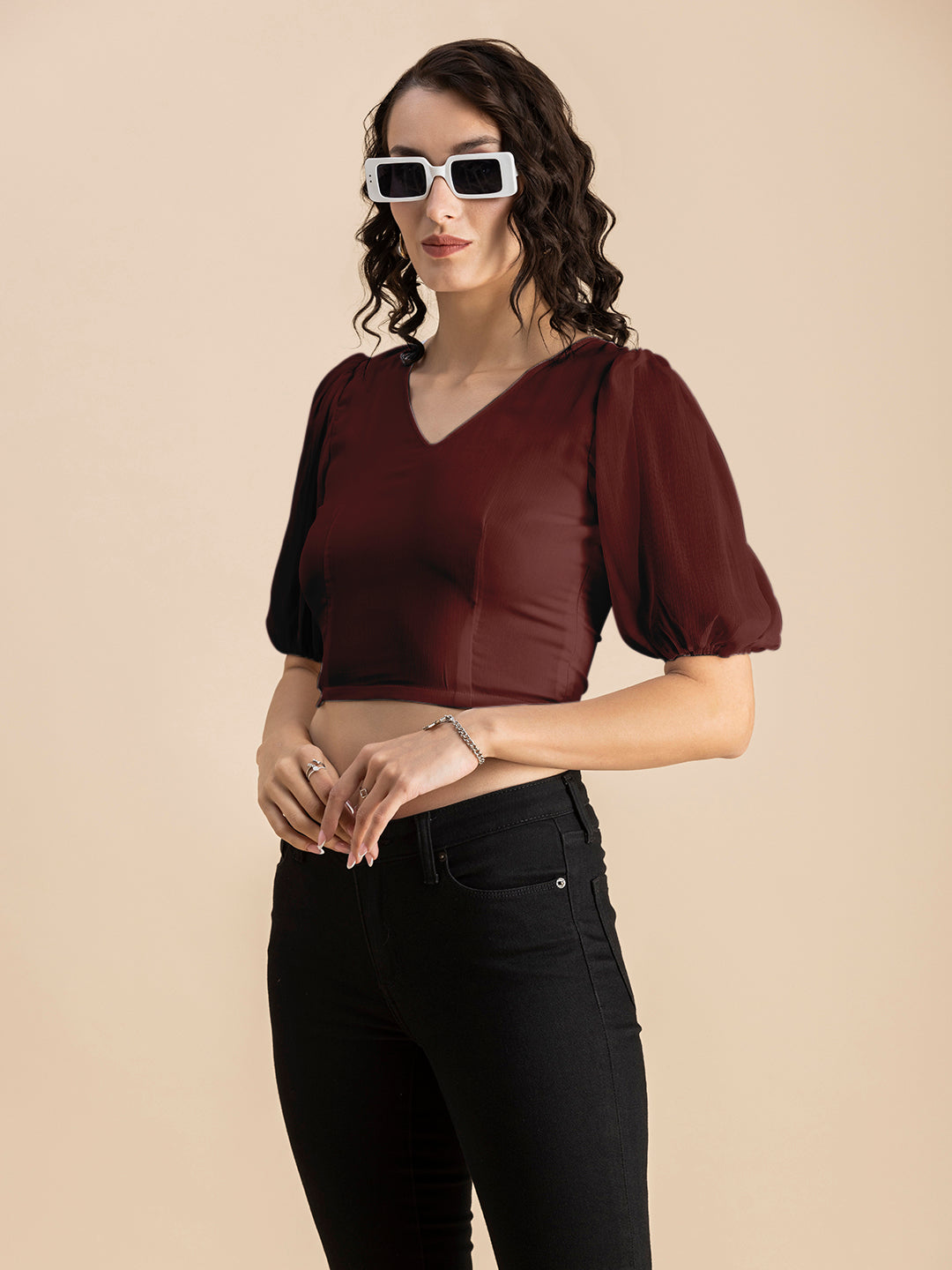 Solid V-Neck Puff Sleeve