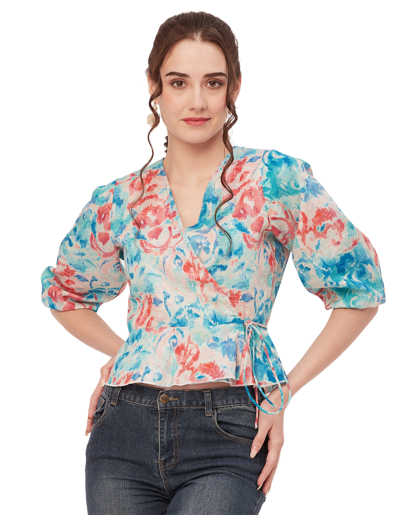 Printed V-Neck Wrap Top