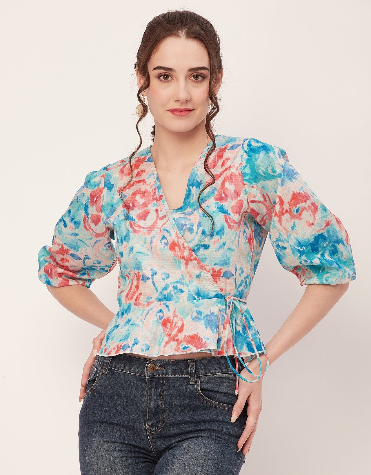 Printed V-Neck Wrap Top