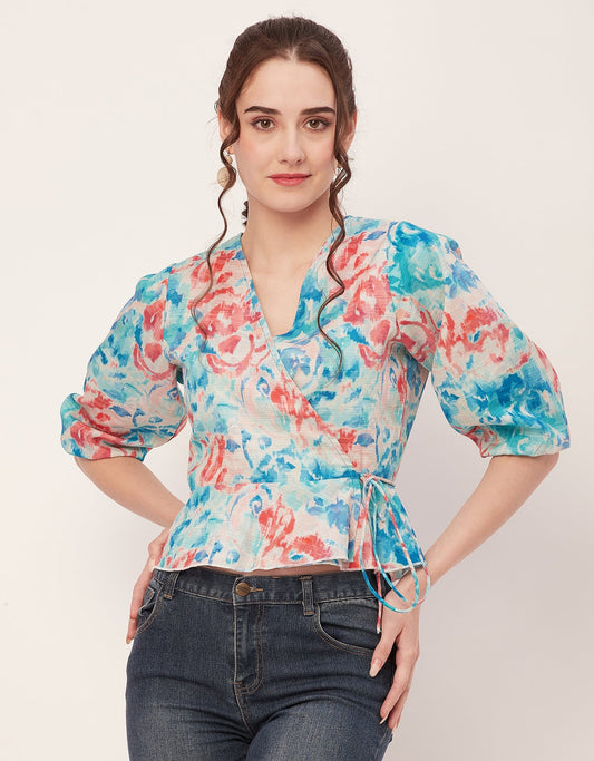 Printed V-Neck Wrap Top