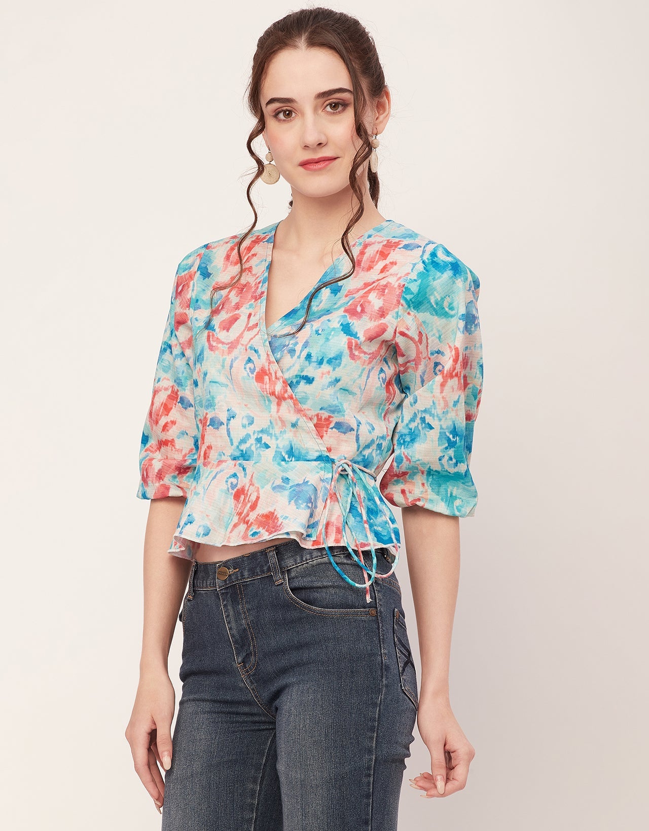 Printed V-Neck Wrap Top