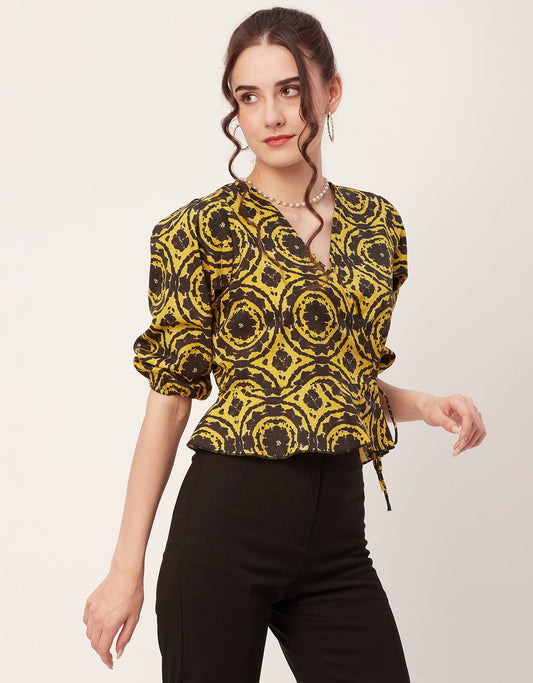 Printed V-Neck Wrap Top