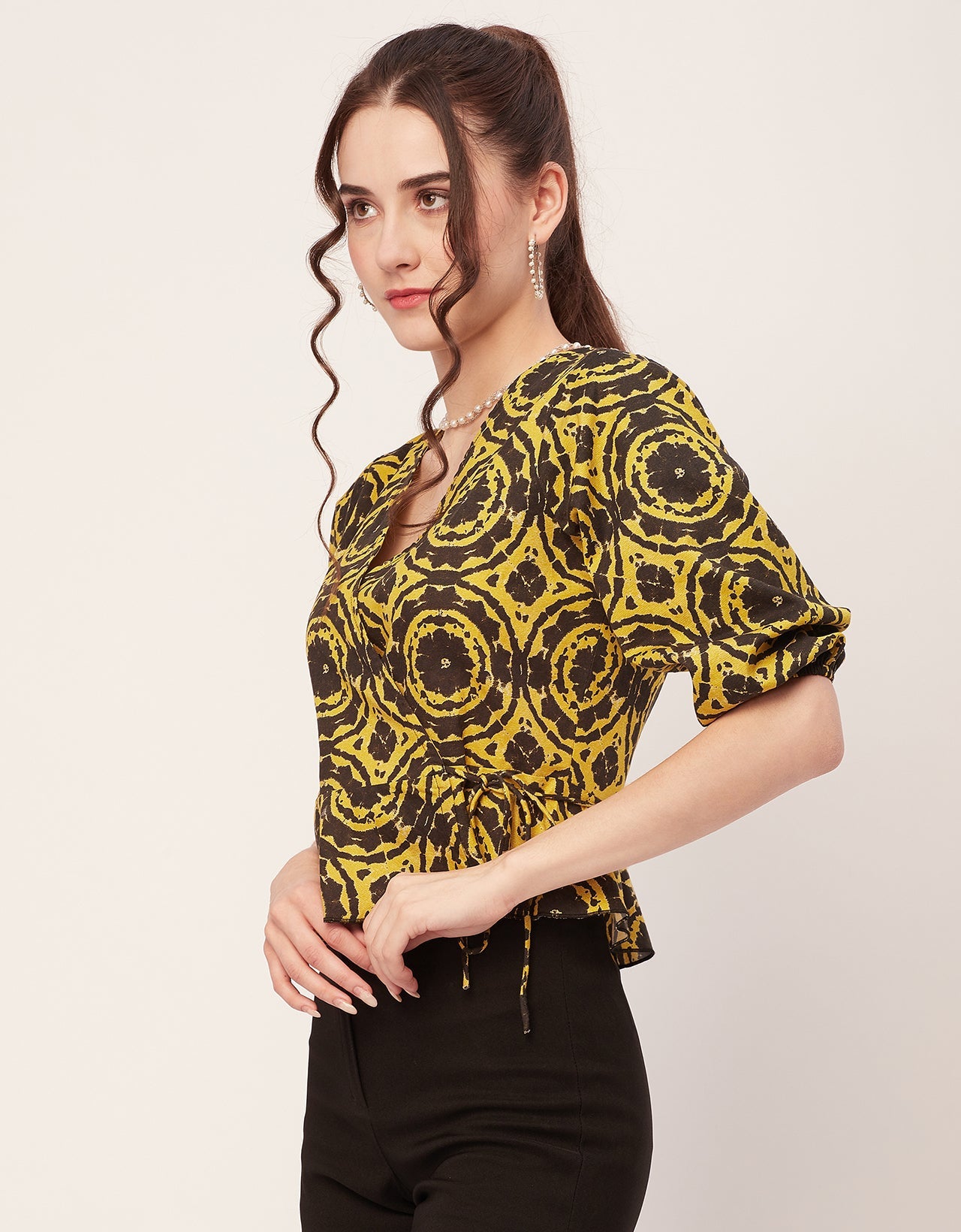 Printed V-Neck Wrap Top