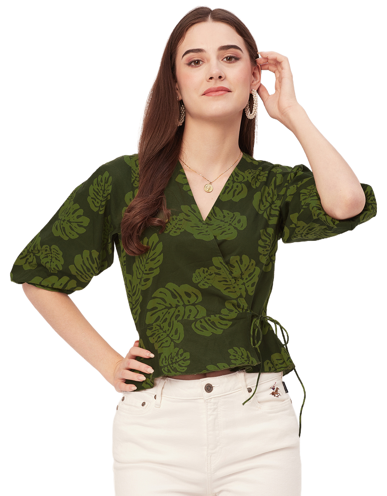 Printed V-Neck Wrap Top