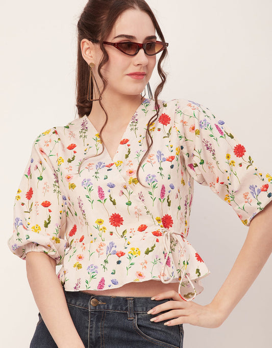 Printed V-Neck Wrap Top