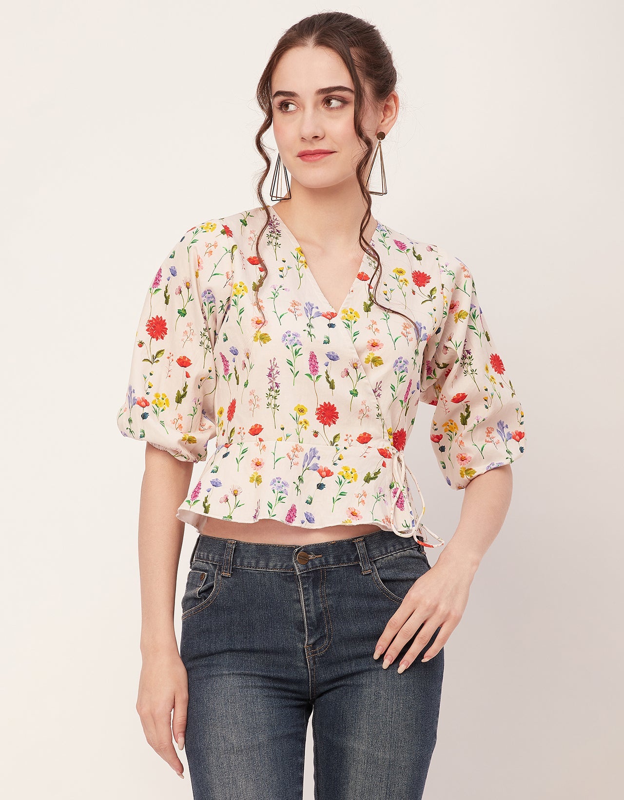 Printed V-Neck Wrap Top