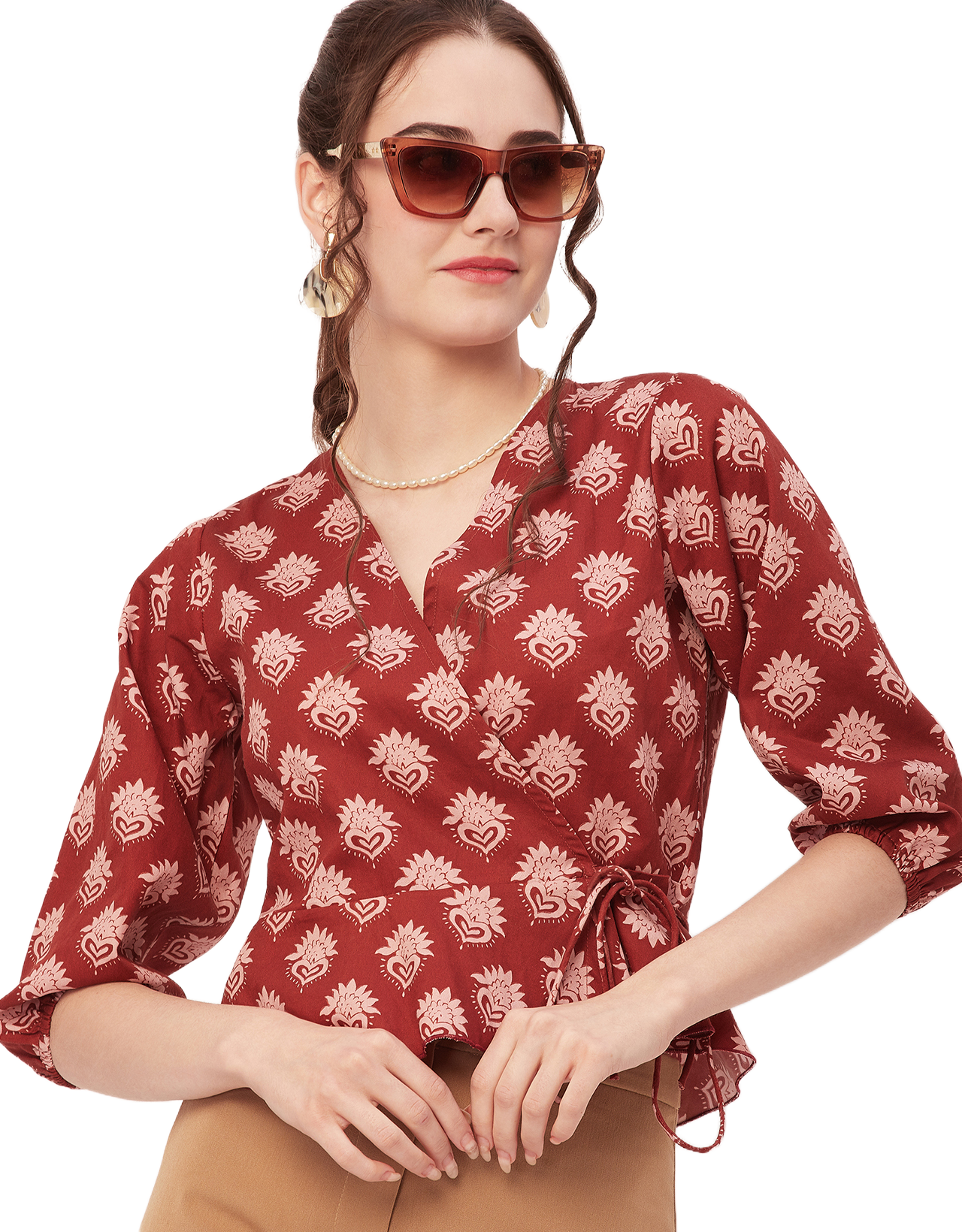 Printed V-Neck Wrap Top