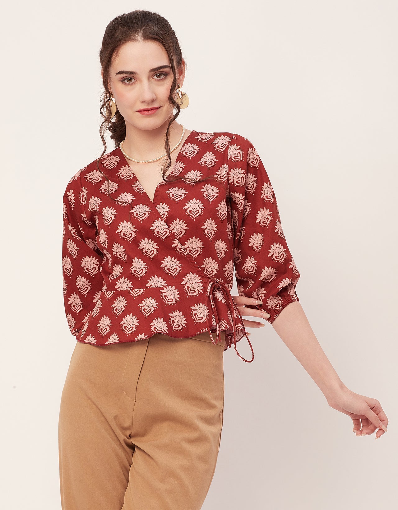Printed V-Neck Wrap Top