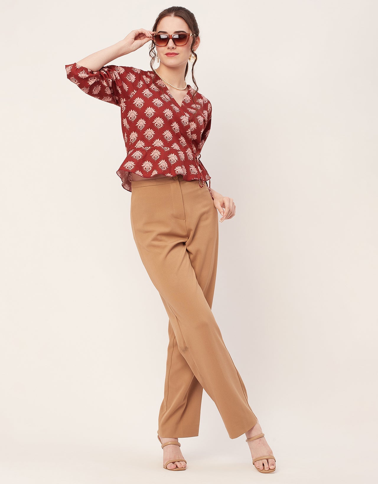 Printed V-Neck Wrap Top