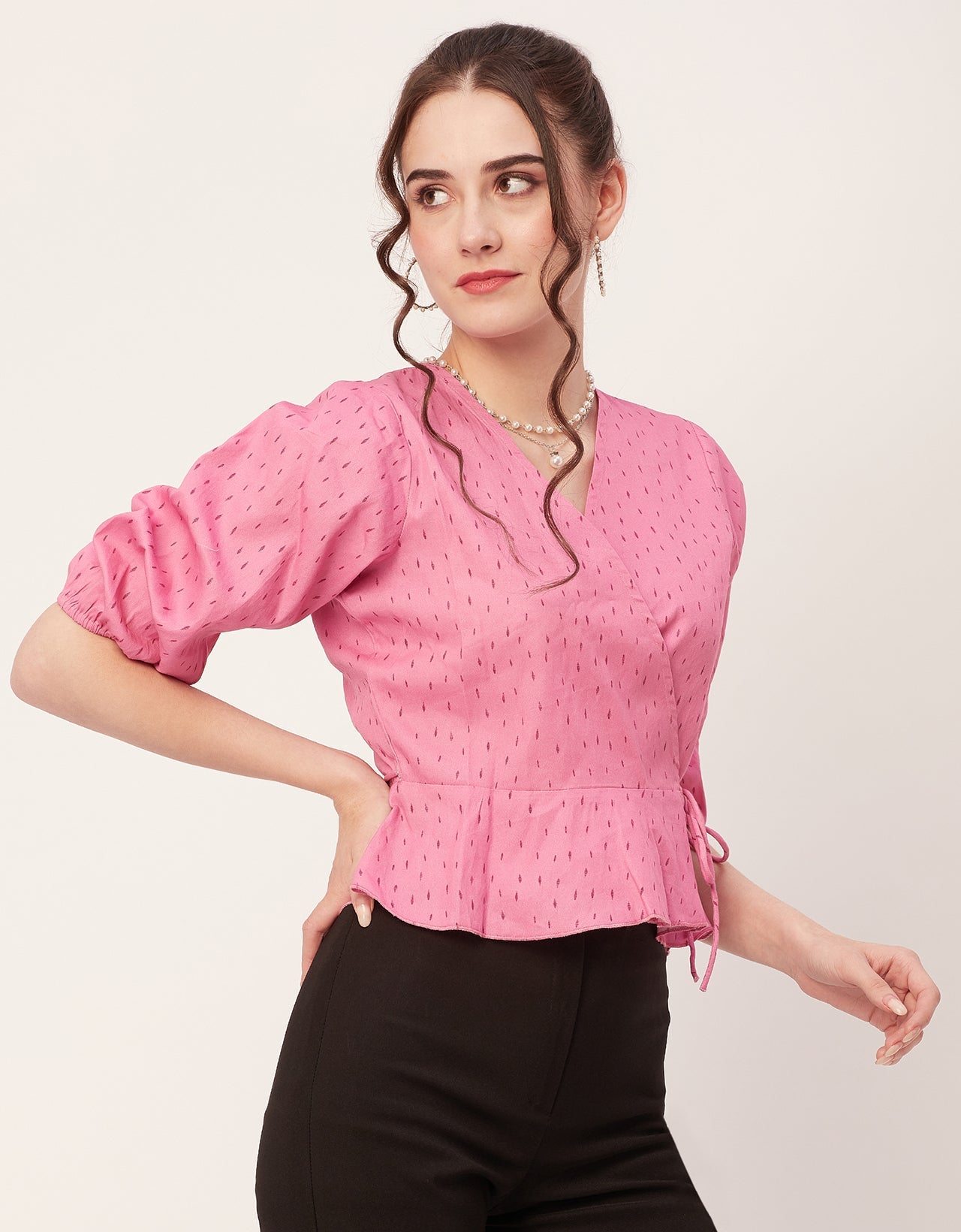 Printed V-Neck Wrap Top