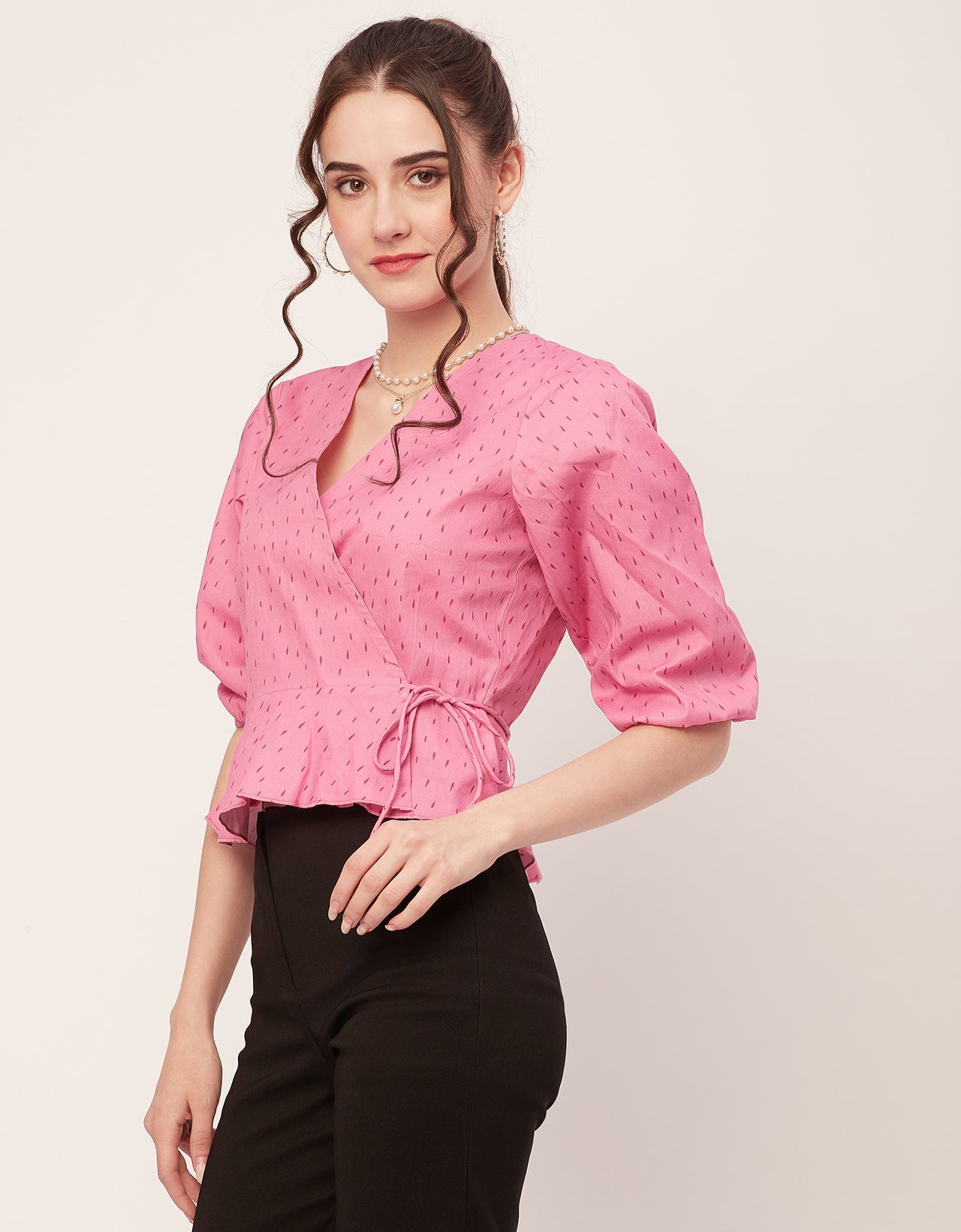 Printed V-Neck Wrap Top