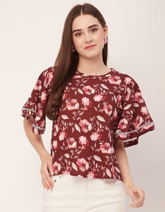 Printed Lace Flutter Top