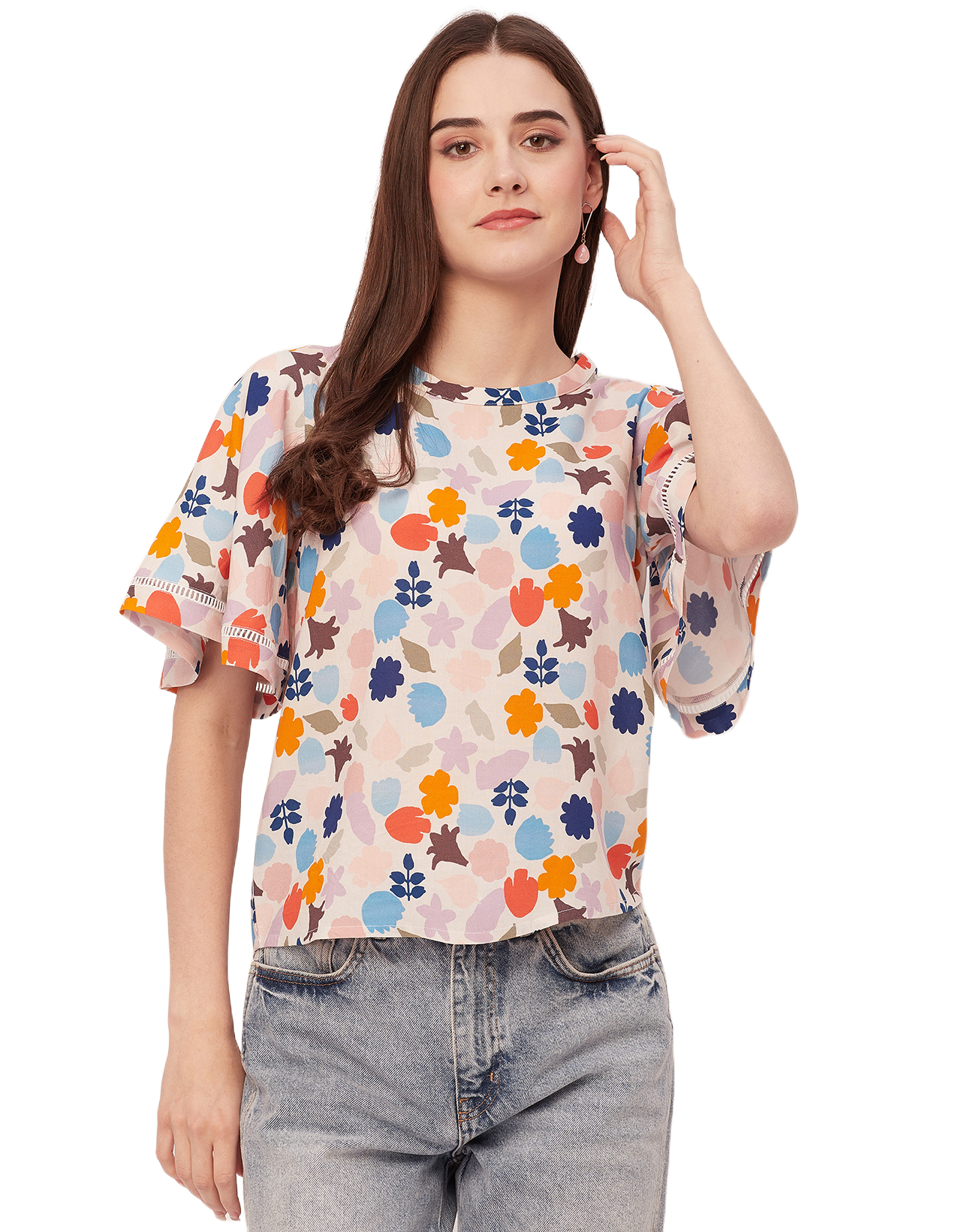 Printed Lace Flutter Top