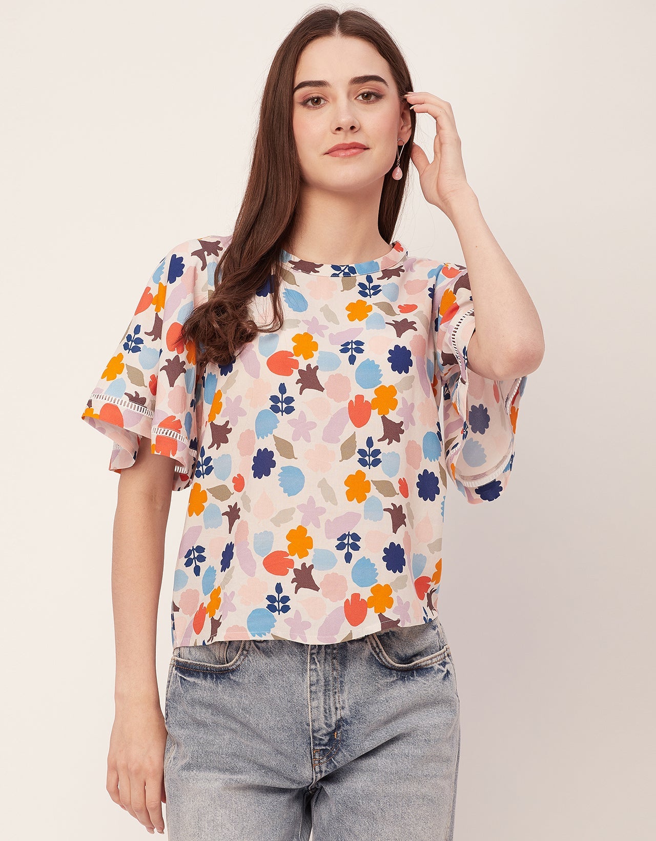 Printed Lace Flutter Top