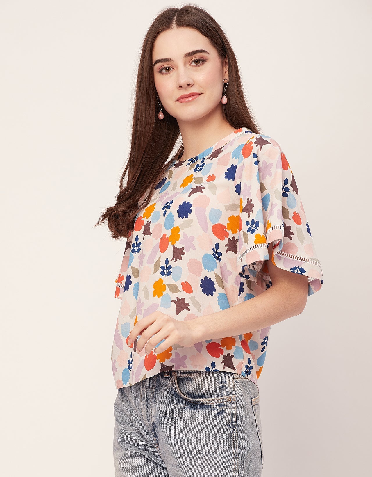 Printed Lace Flutter Top