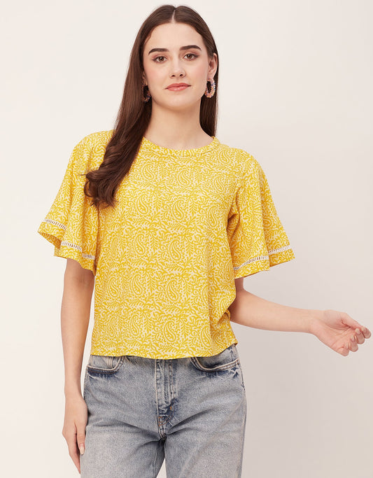 Printed Lace Flutter Top