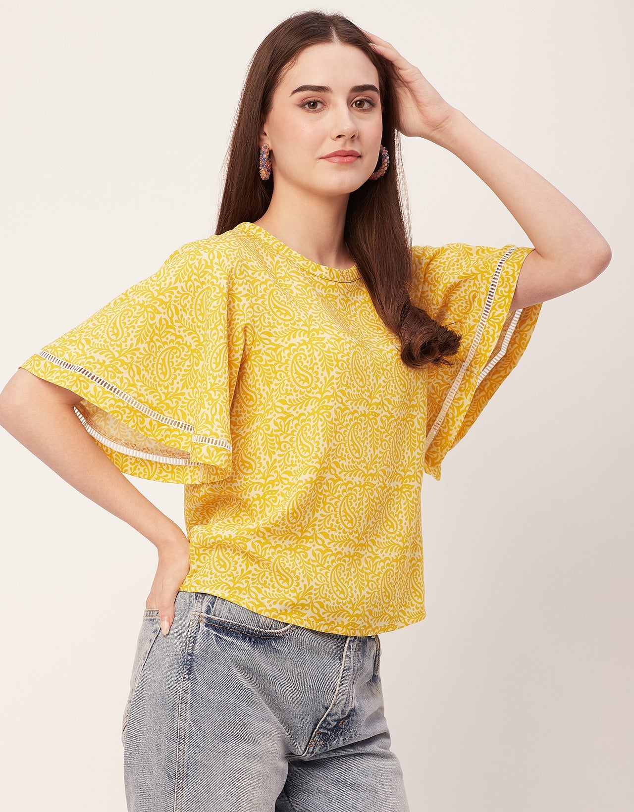 Printed Lace Flutter Top