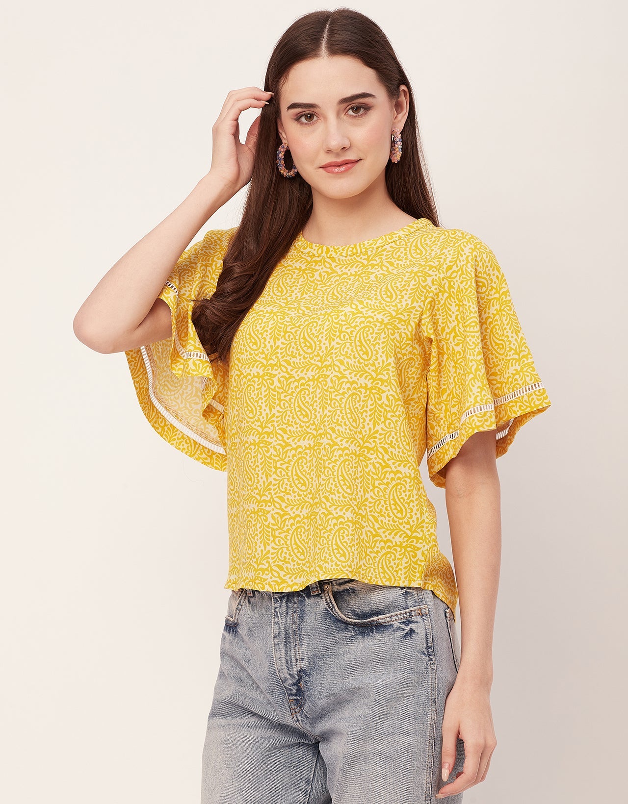 Printed Lace Flutter Top