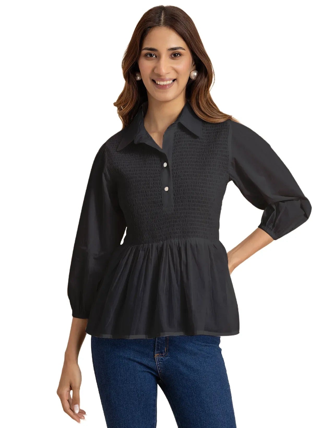 Solid Peplum Style Regular Casual Shirt Top For Women