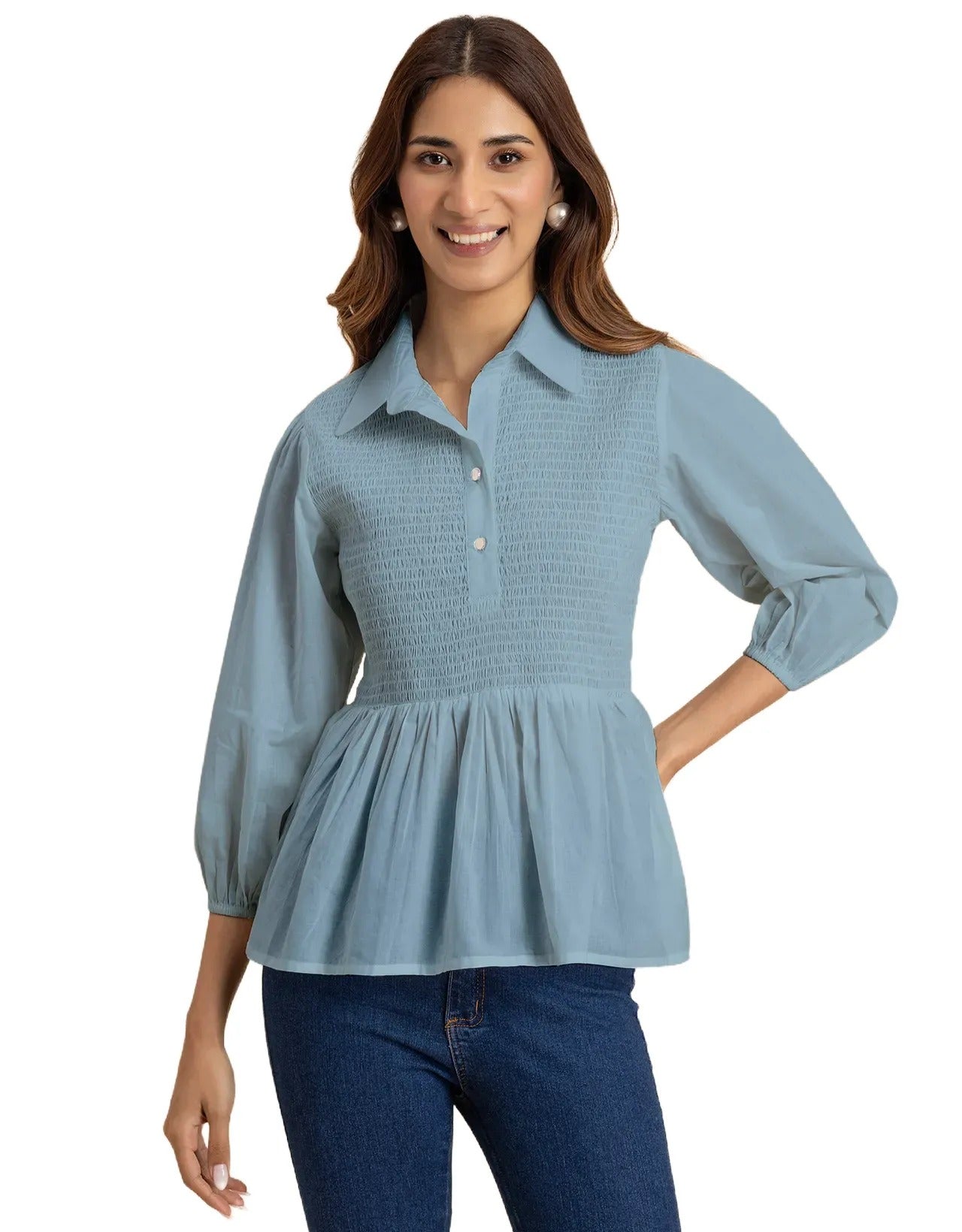 Solid Peplum Style Regular Casual Shirt Top For Women