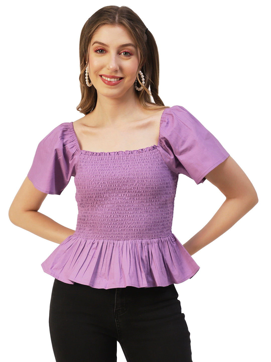 Printed Cotton Smocked Top