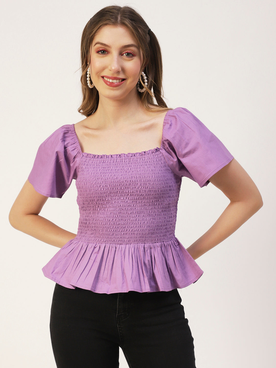 Printed Cotton Smocked Top