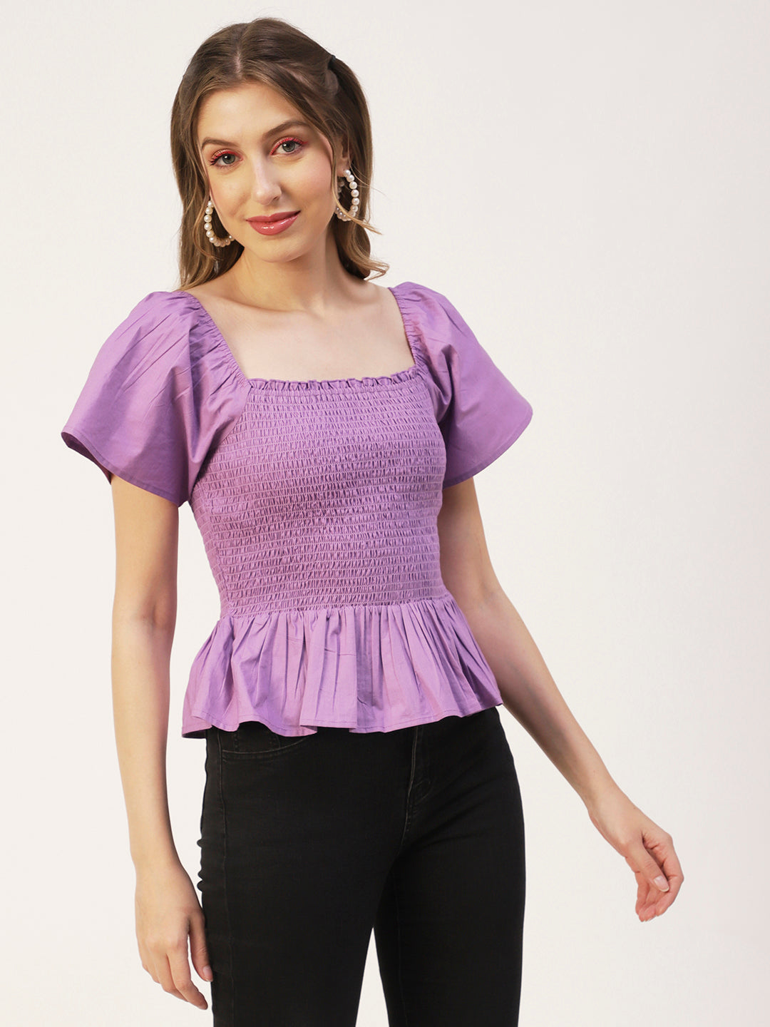 Printed Cotton Smocked Top