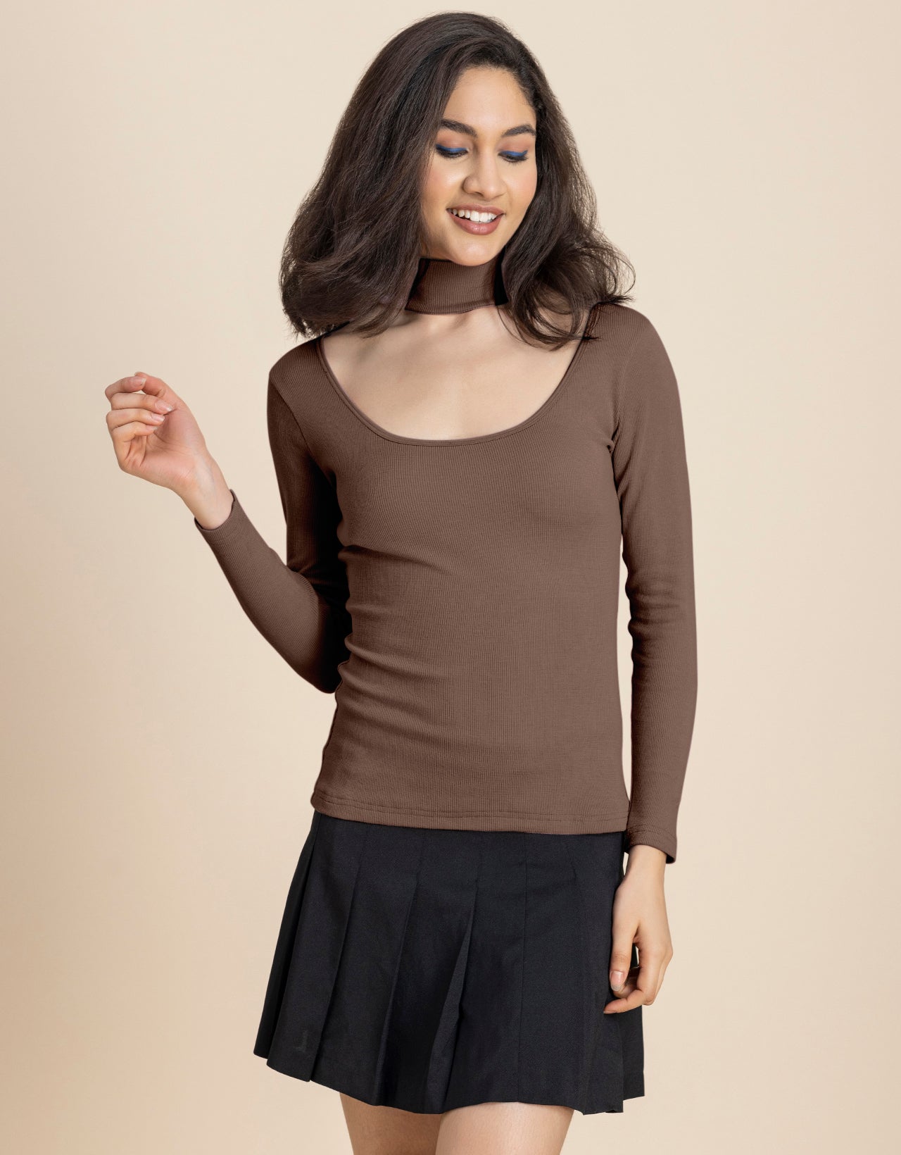 Women Solid Knit Turtle-Neck Casual Top