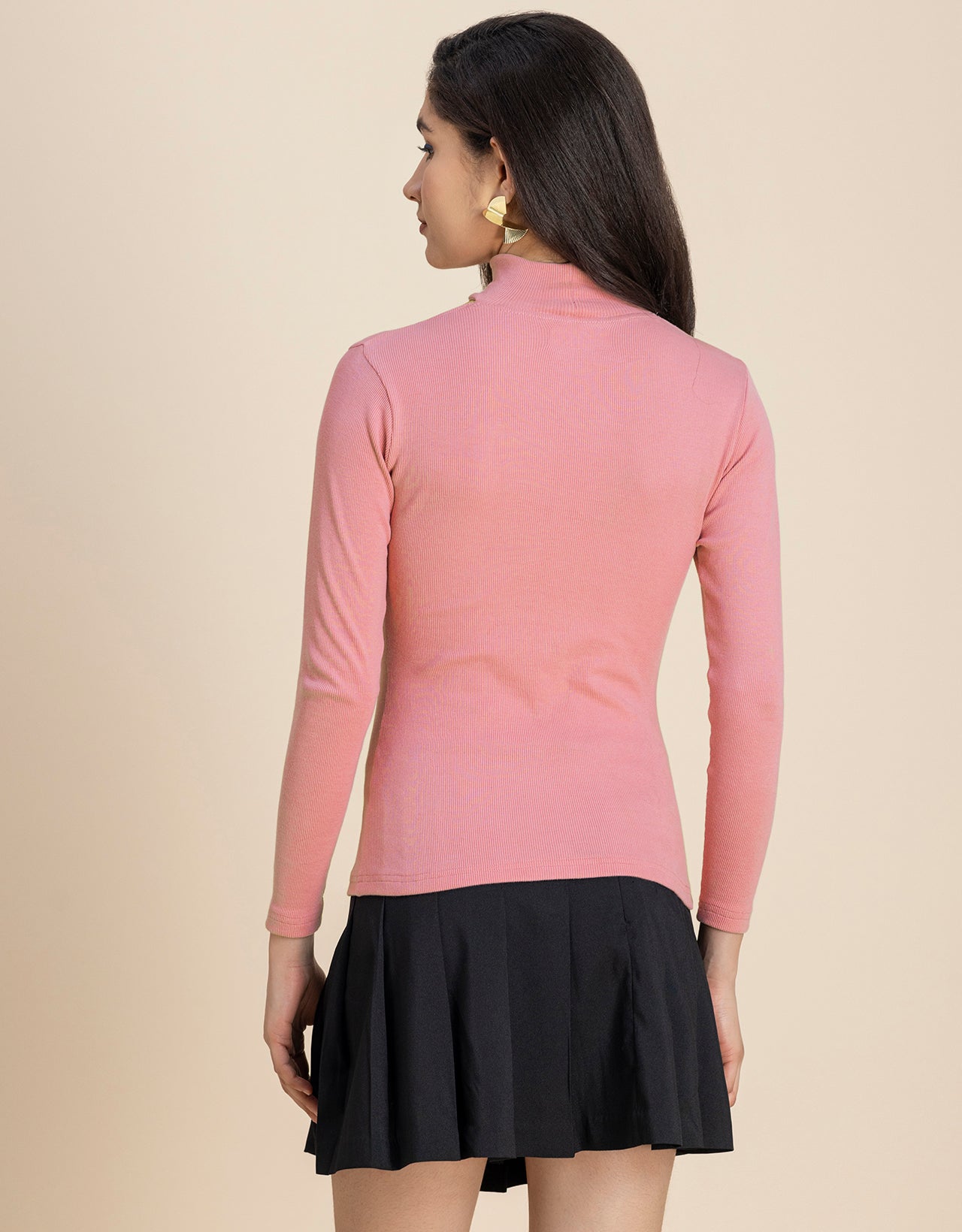 Women Solid Knit Turtle-Neck Casual Top