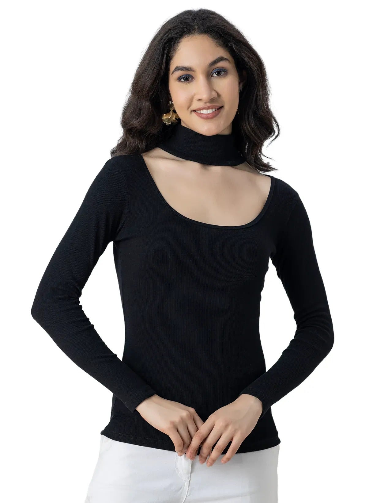 Women Solid Knit Turtle-Neck Casual Top
