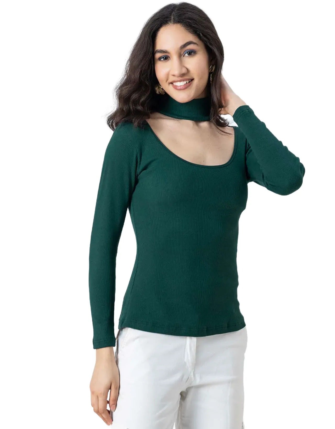 Women Solid Knit Turtle-Neck Casual Top