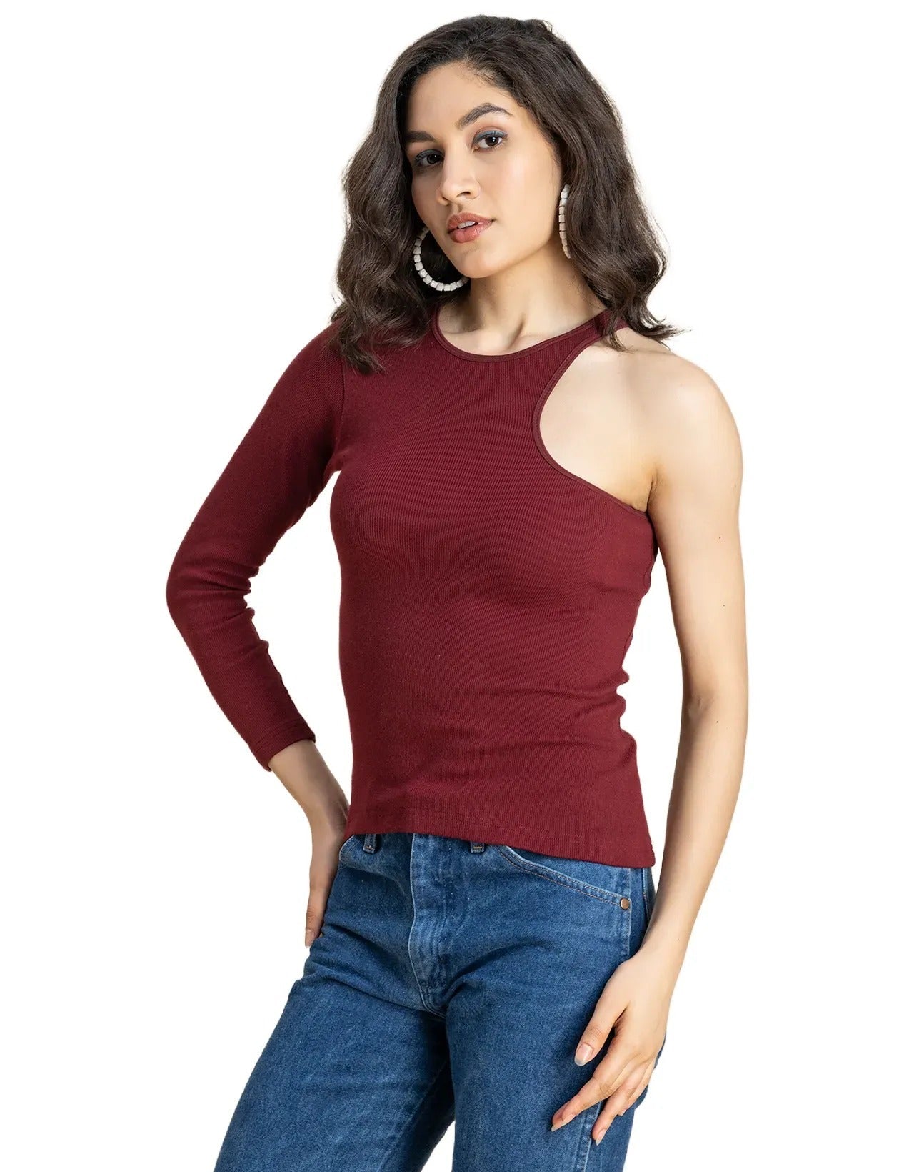 Women Solid One Shoulder Knit Top