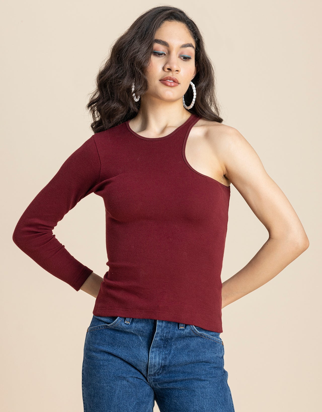 Women Solid One Shoulder Knit Top