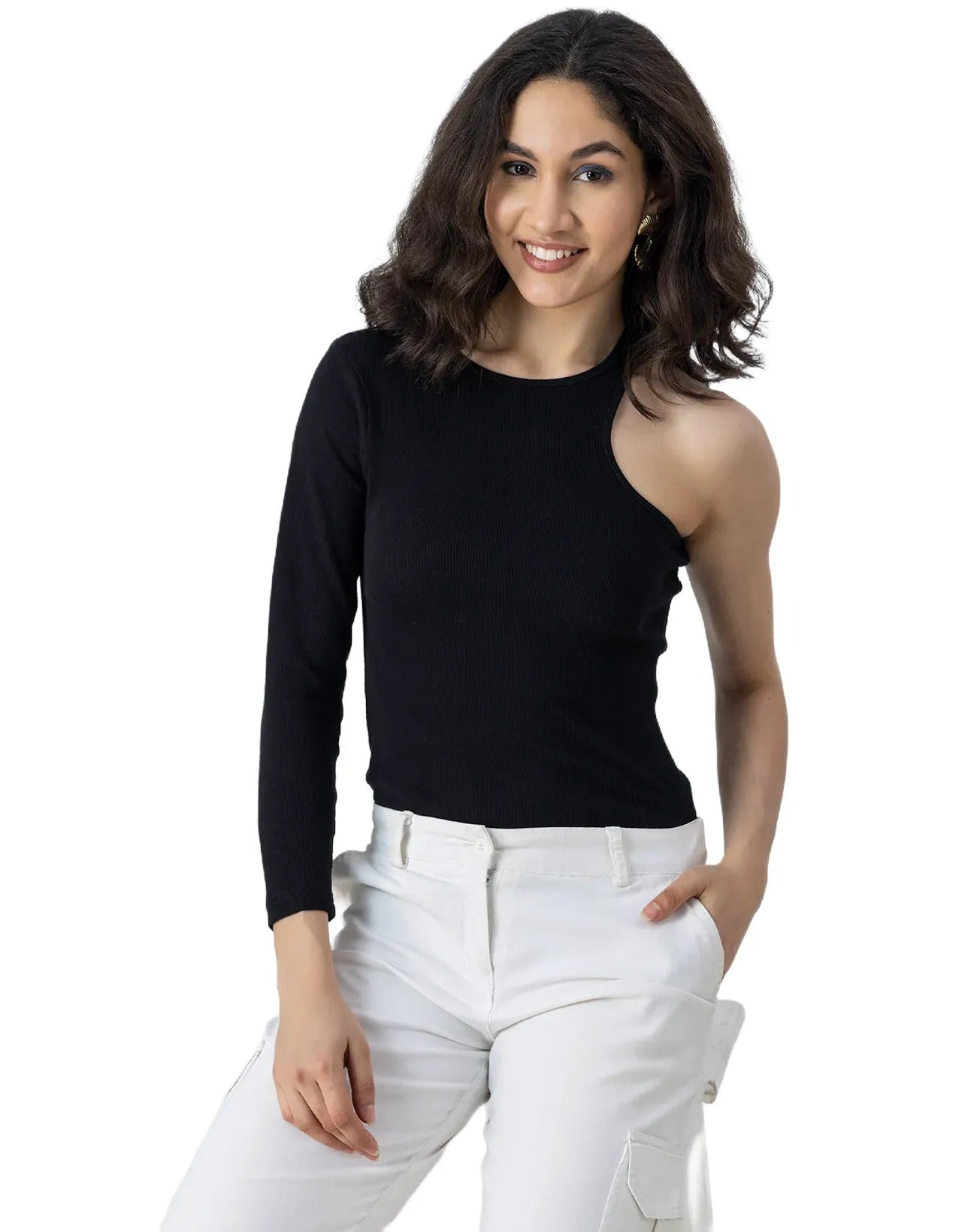 Women Solid One Shoulder Knit Top