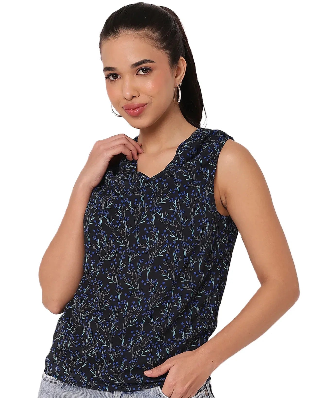 Sleeveless Cowl Neck Printed Women's Elegant Top