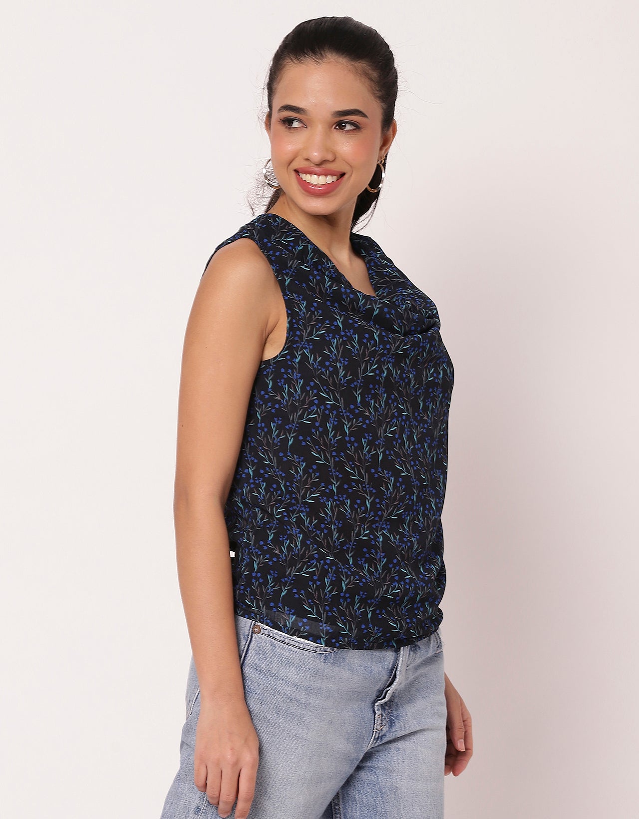 Sleeveless Cowl Neck Printed Women's Elegant Top