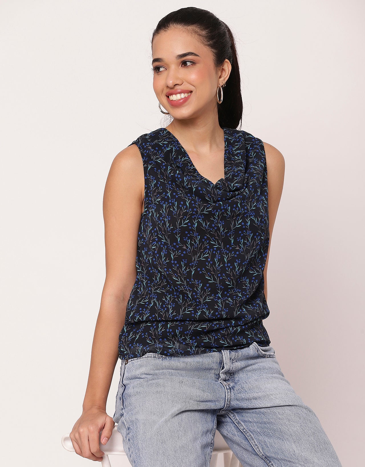 Sleeveless Cowl Neck Printed Women's Elegant Top