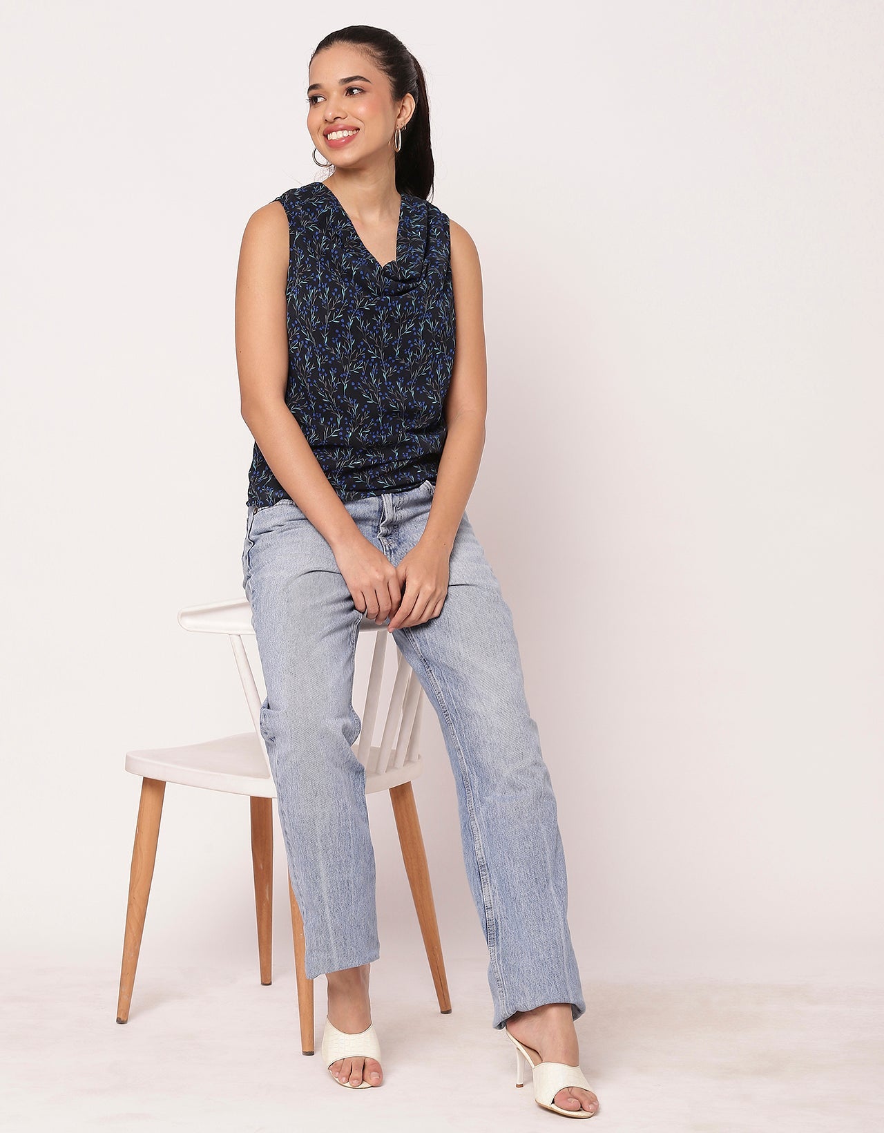 Sleeveless Cowl Neck Printed Women's Elegant Top
