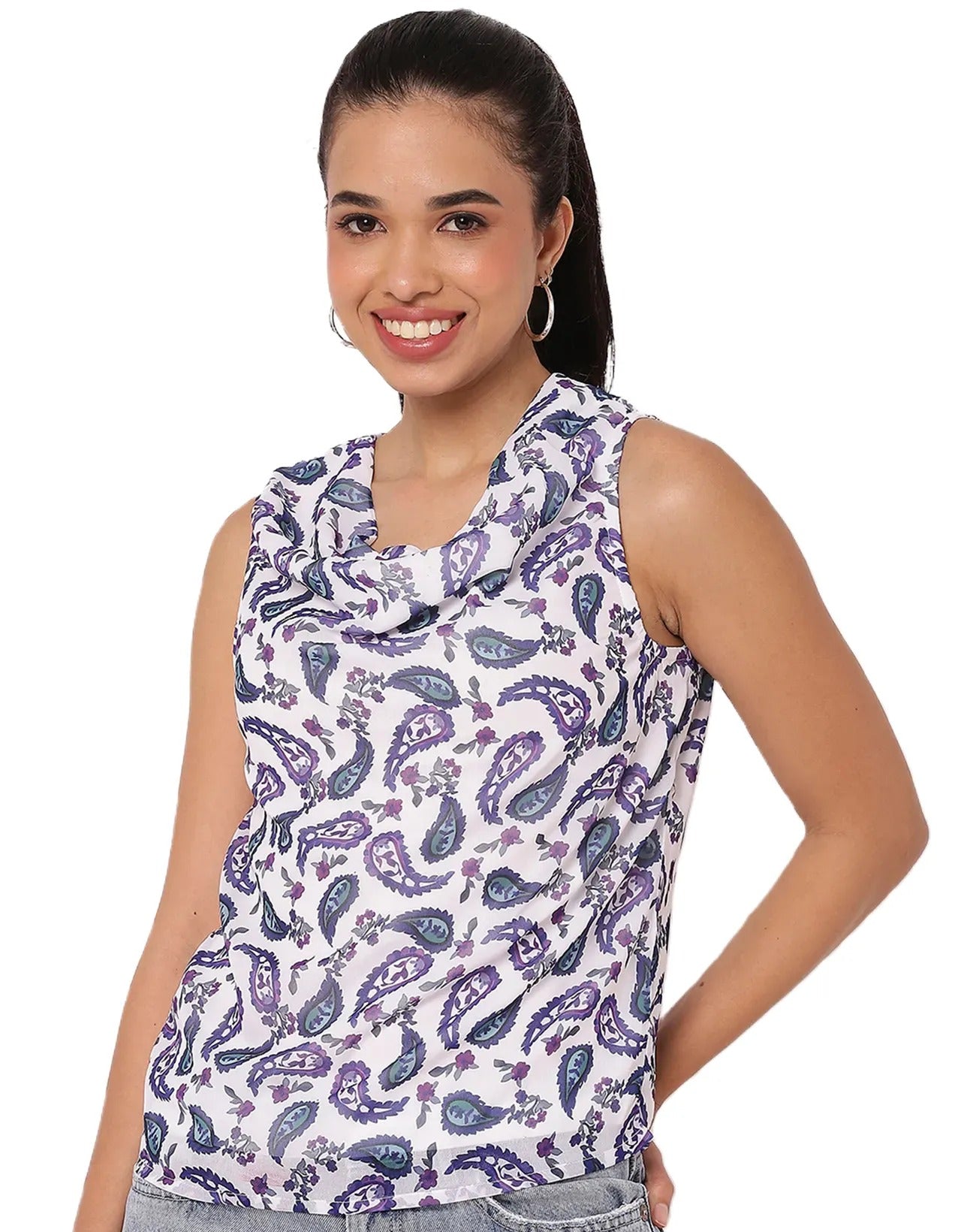 Sleeveless Cowl Neck Printed Women's Elegant Top